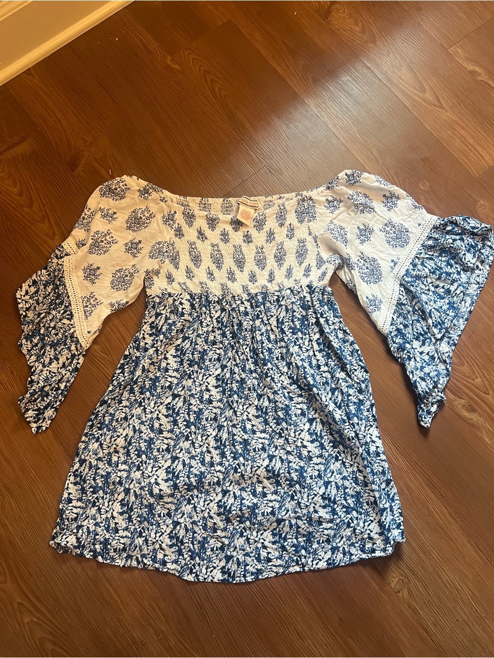 Blue and White Floral Boho Peasant Dress